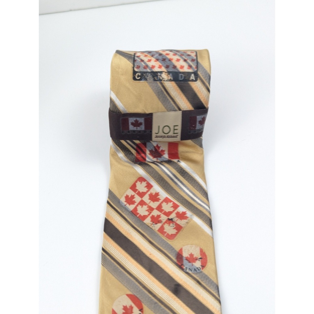 Joseph Abboud Men's Silk Tie Canada Flag Maple Leaf Gold‎ Stripe Classic Preppy